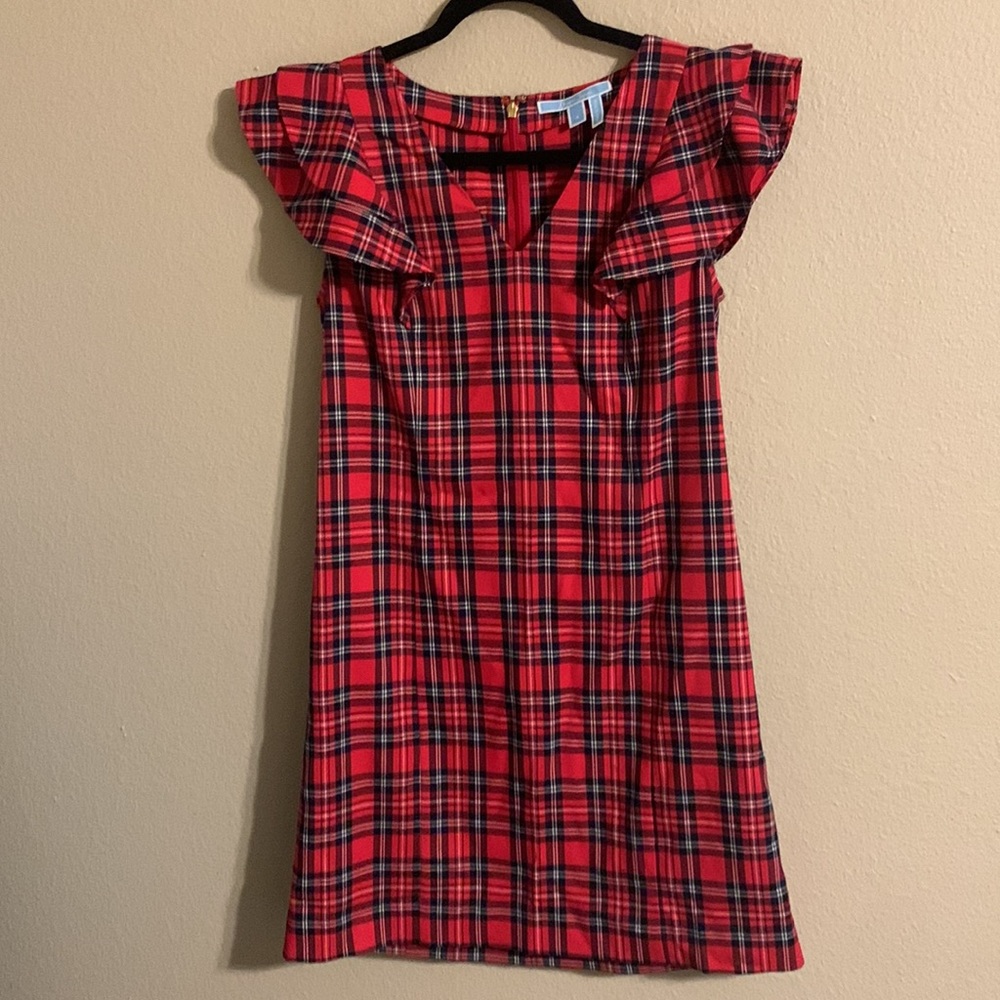 Draper James red plaid ruffle shoulder shift dress 4 - Picture 3 of 5